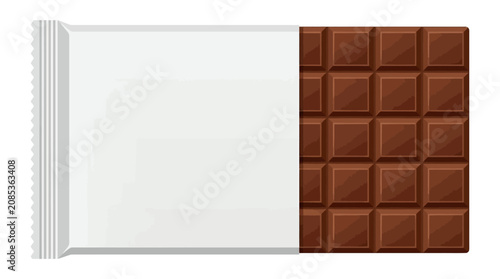 Chocolate bar partially unwrapped, showcasing brown squares on white background