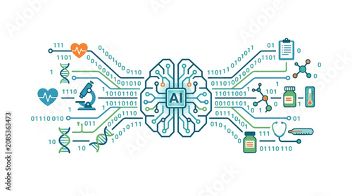 AI brain processing healthcare data and biotechnology research icons flat vector illustration.