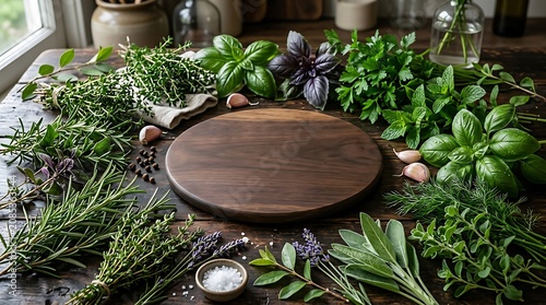 Empty wooden board surrounded by fresh garden herbs and spices on rustic table