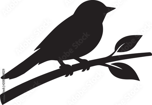 Black silhouette bird perched on a branch with leaves Vector