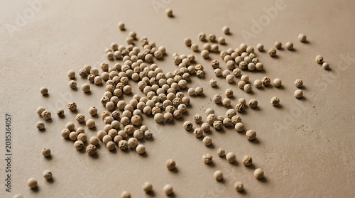 Scattered White Peppercorns on a Beige Textured Surface