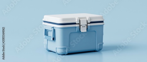 Minimalist Blue and White Portable Cooler Box on Solid Blue Background