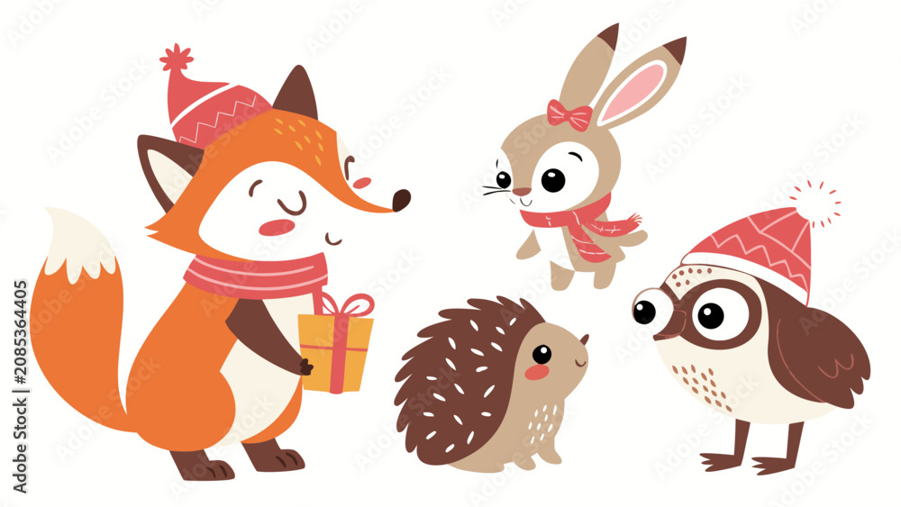 Obraz premium Cute woodland animals in winter hats and scarves gather around a gift