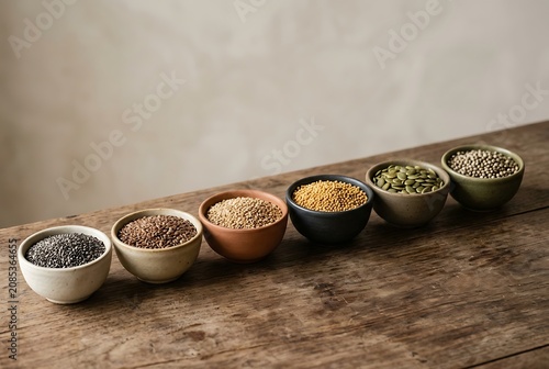 Various healthy seeds and grains in ceramic bowls on a rustic wooden table