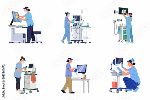Illustrations of Medical Staff Disinfecting and Cleaning Hospital Equipment and Monitors to Maintain a Sterile and Safe Environment for Patients and Workers