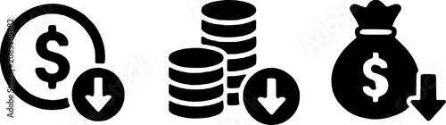 Canvastavla Black icons depicting declining money, coins, and a bag with a dollar sign, symbolizing financial loss, decrease, or reduction in wealth, expenditure, and budget