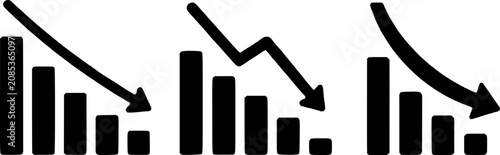 Photography A black and white graphic illustration of decreasing business graphs and charts with downward arrows, indicating a decline in statistics, sales, or market trends