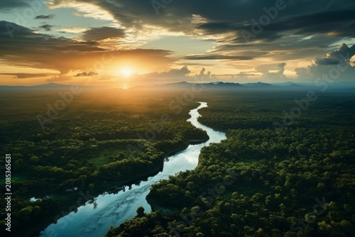 Fantastic Ariel view of landscape of massive river and rainforest at sunset