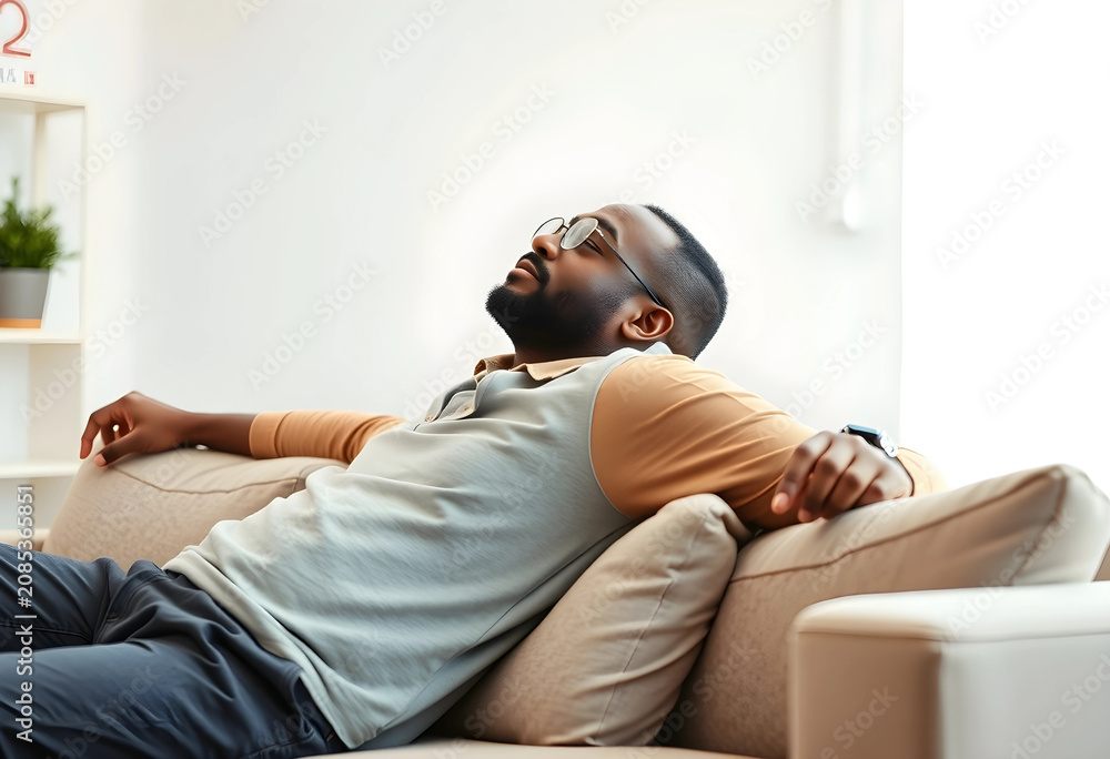 Fototapeta premium Relaxed man leaning back on sofa in bright living room