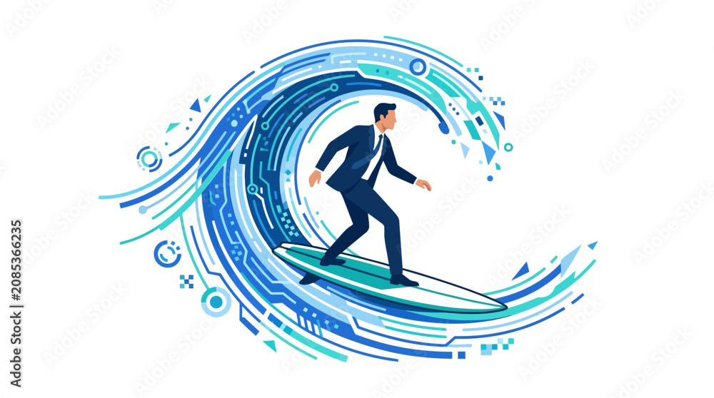Fototapeta premium Businessman surfing on digital data wave navigating through technology innovation flat design vector illustration.