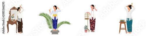 Quadro su tela Four illustrations of Indonesian women wearing traditional kebaya and batik sarongs in various poses, featuring cultural elements like vanity mirrors and birdcages