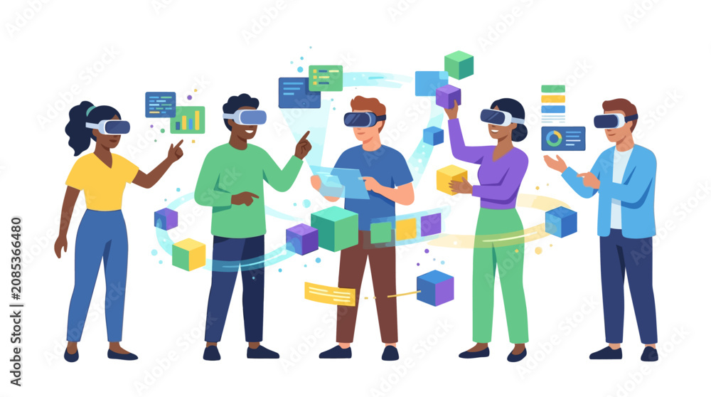 Obraz premium Diverse professional team wearing VR headsets collaborating on interactive data and 3D modeling flat vector illustration.