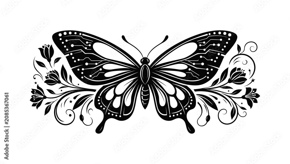 Fototapeta premium Ornate monochrome butterfly illustration with circuit wing patterns and floral scrolls. Symmetric digital nature graphic for creative design projects