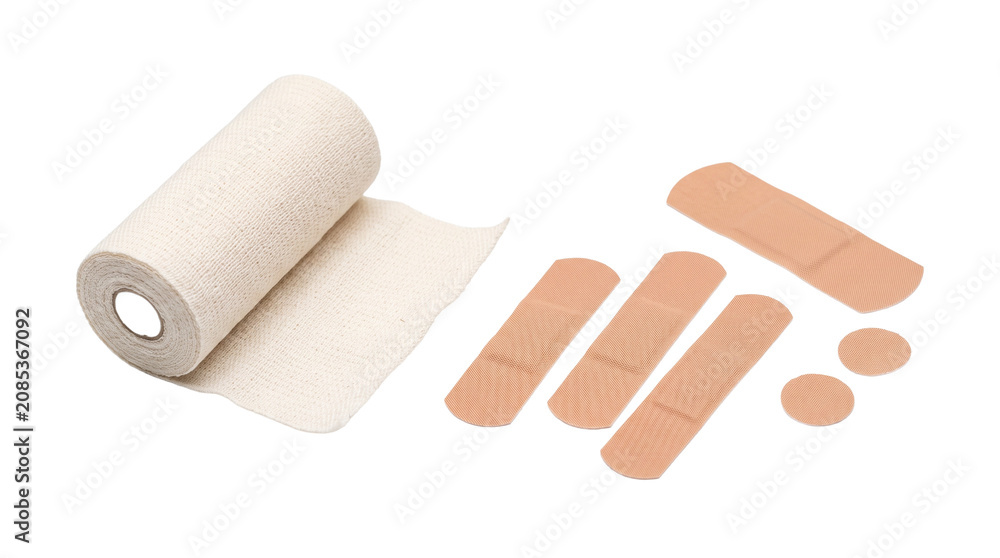 Obraz premium Medical elastic bandage roll and assorted adhesive bandages for wound care and first aid supplies PNG Isolated on transparent background
