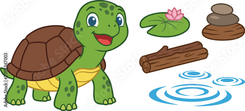 Canvas Print Cute cartoon turtle pond elements vector set with blooming pink water lily on gr