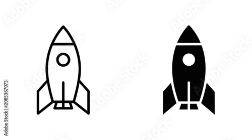 Vector illustrations of black and white rocket ships in flight