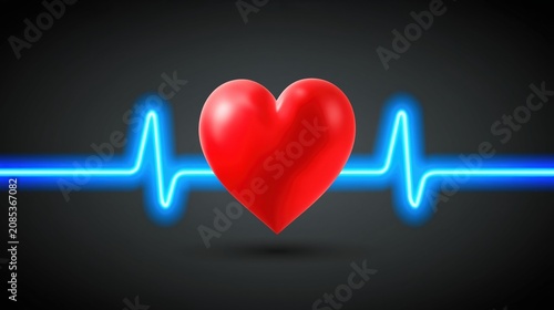 Red heart symbol with blue heart rate monitor line on dark background