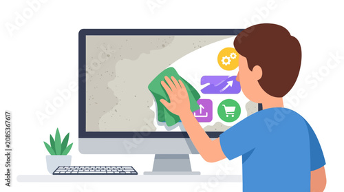 Man wiping dusty computer monitor for screen maintenance and digital system optimization flat design vector illustration