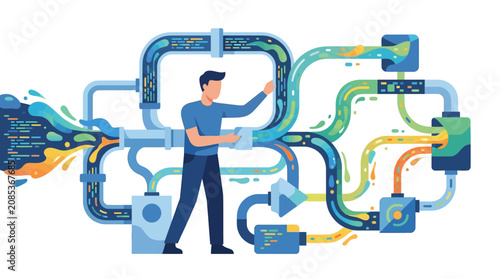 Professional data engineer managing complex digital information flow through network pipelines flat vector illustration.