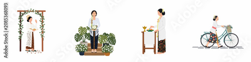 Foto Indonesian Javanese women in traditional kebaya and batik attire performing various activities like standing under a floral arch, preparing offerings, and walking with a bicycle