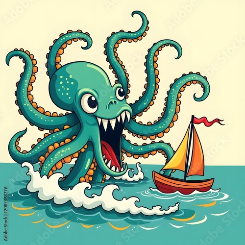 A cartoon octopus monster attacking a small sailboat in the ocean