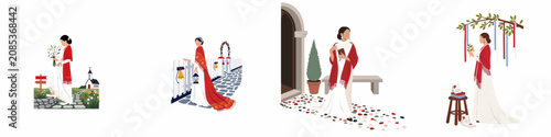 Foto Elegant flat illustration set of a bride in a white dress and red shawl in various wedding day ceremony scenes