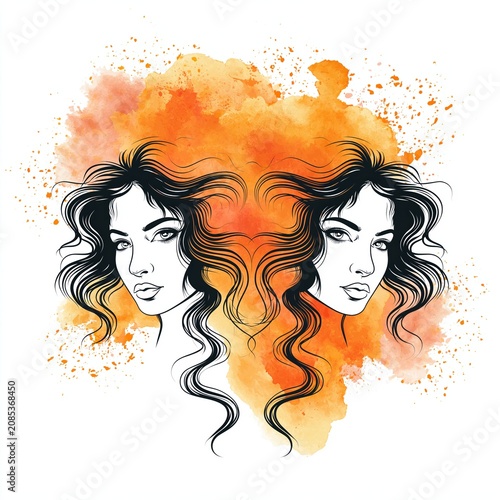 Two women faces with orange watercolor background