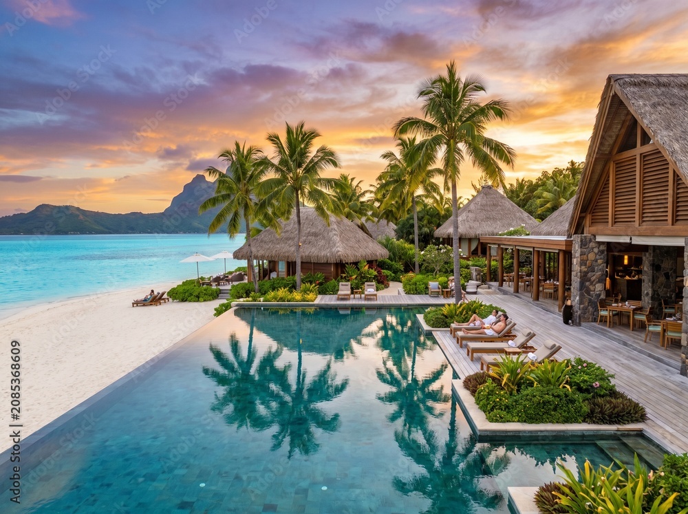 Fototapeta premium Luxury Beach Resort Infinity Pool with Sunset Reflection and Palm Trees