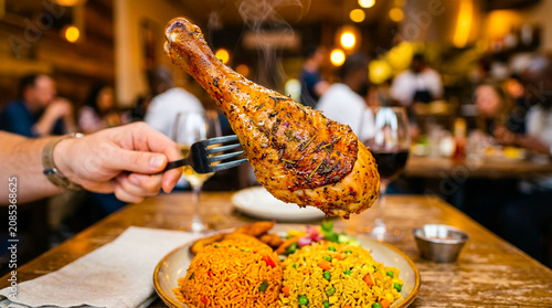 Person holding a hot roasted chicken leg on a fork in a restaurant setting