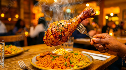 Freshly cooked steaming hot roasted chicken leg on a fork in a restaurant