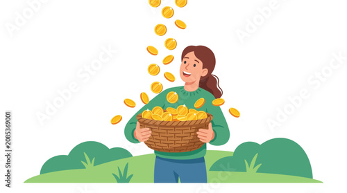 Cheerful young woman catching falling gold coins in a basket for financial abundance flat design vector illustration