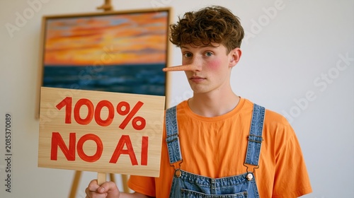 Young man with fake nose holding no ai sign