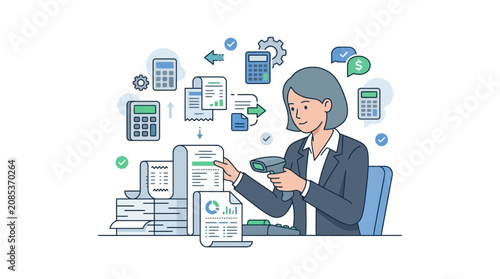 Female accountant scanning digital receipts and reconciling financial accounts during audit flat design vector illustration.