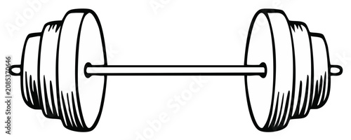 Line Drawing of a Barbell with Multiple Weight Plates on a White Background