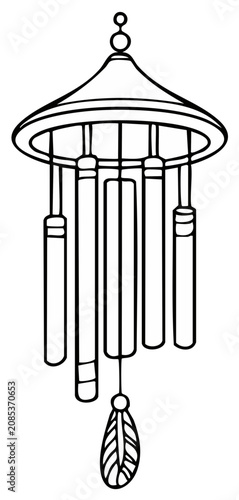 Wind chime drawing. Decorative illustration of traditional chime for home and garden.