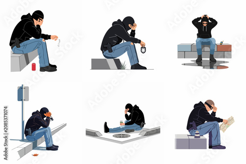 Tableau sur toile Set of illustrations depicting a criminal character feeling regret, despair, and reflection while sitting in various urban environments