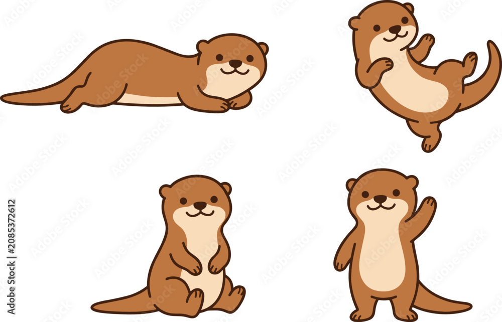Naklejka premium Otter sticker collection featuring cute brown marine mammals in playful poses swimming standing and waving for children graphic design patterns