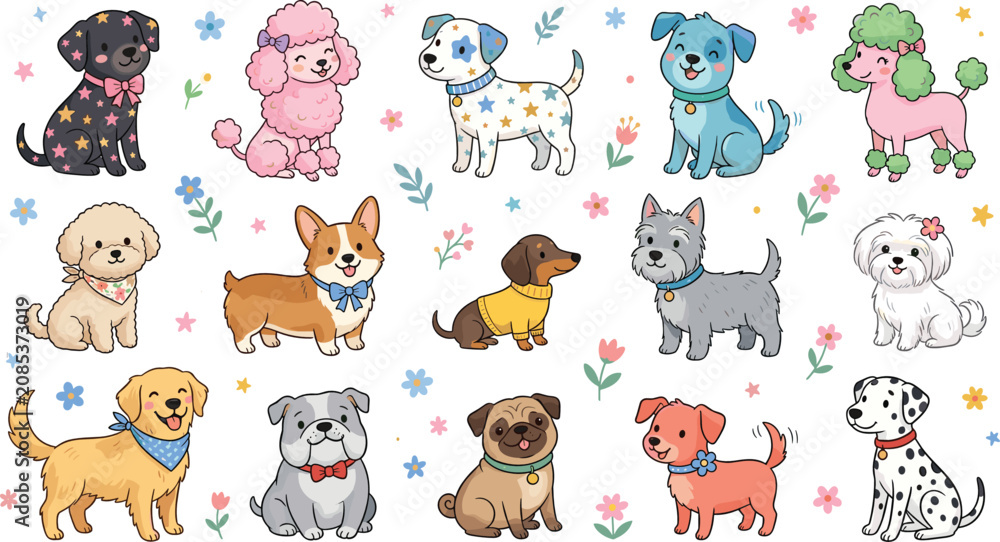 Fototapeta premium Puppy sticker bundle featuring colorful cute dogs in varied poses dressed with accessories and flowers for childish patterns and product branding