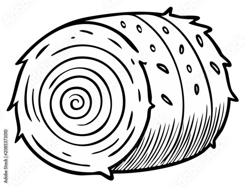 Stylized black and white illustration of a round hay bale with straw details