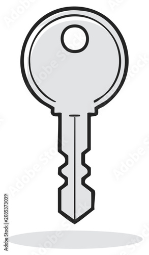 Cartoon key illustration with shadow on a white background, security concept.