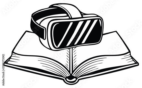Virtual reality headset resting on open book symbolizing immersive learning and digital education exploration