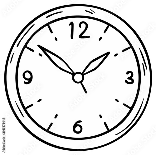 Stylized Wall Clock Illustration Timepiece Showing the Hour in Black and White Hand Drawn