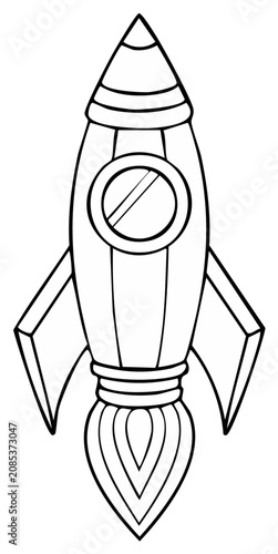 Stylized rocket ship drawing with fins and flames in outline