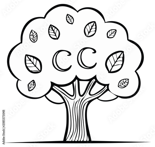 Stylized Tree with Crescent Moon Symbols and Leaves Outline Drawing