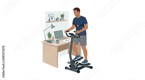 Active man exercising on a stepper machine at his home office desk flat design vector illustration