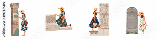 Konstfotografi Flat illustration set of a female traveler exploring ancient historical ruins and stone monuments while wearing summer floral dresses and sun hats
