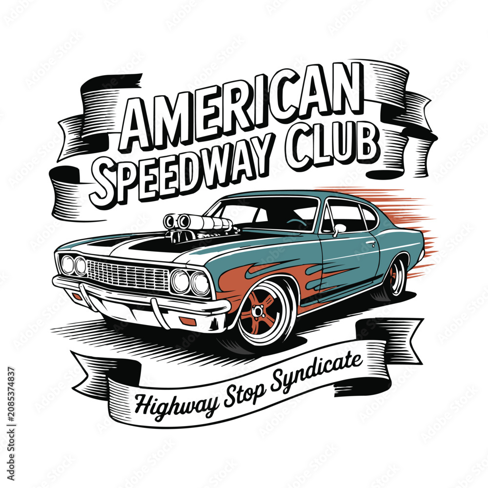 Fototapeta premium Vintage american speedway club muscle car graphic with ribbon banner design