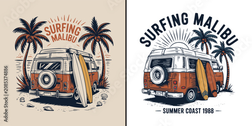 Photography Vintage style surfing van illustration with palm trees and surfboards