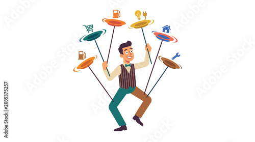Businessman balancing spinning plates with household expense icons for multitasking concept flat design vector illustration.