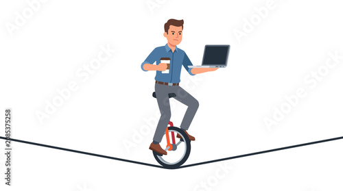 Businessman balancing on unicycle on tightrope while holding laptop and coffee flat design vector illustration.